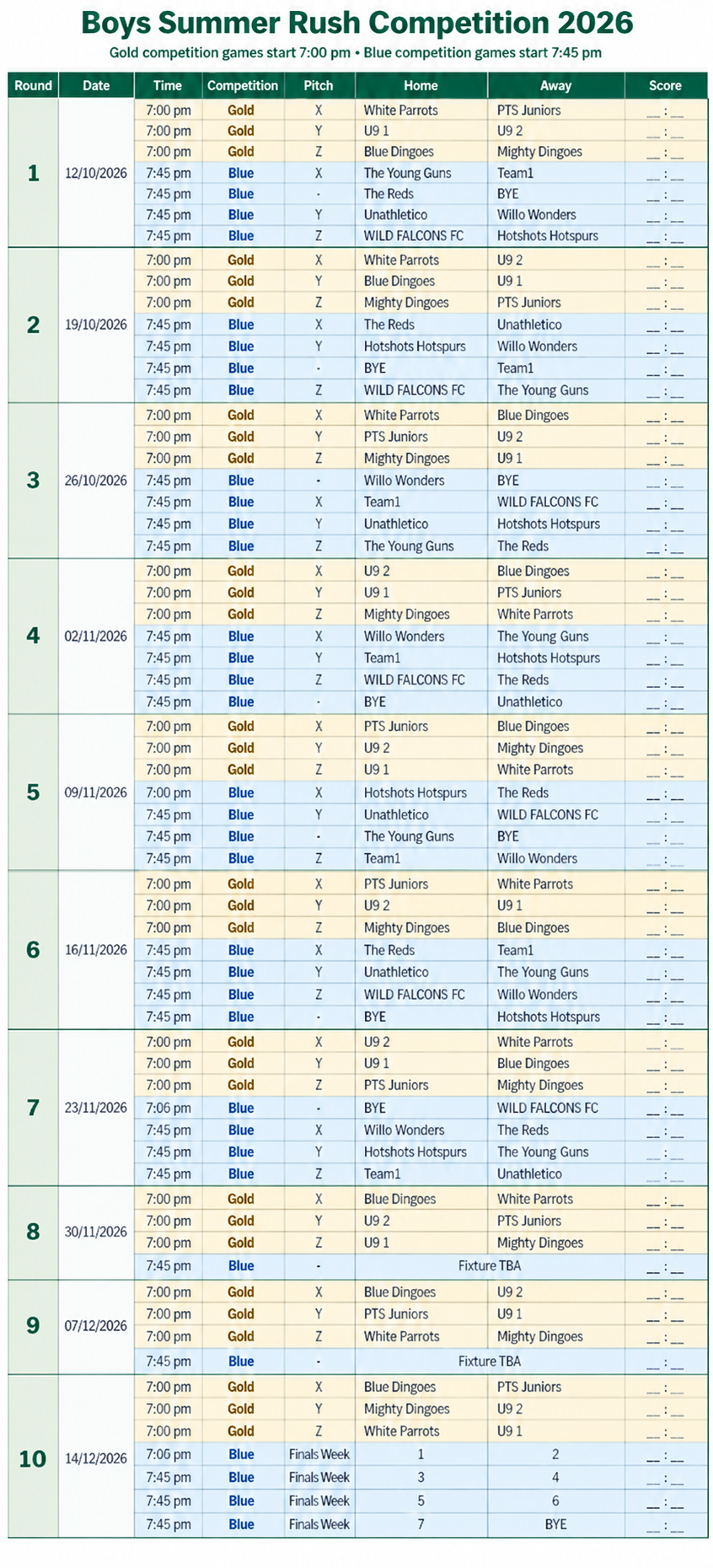 Summer Rush Boys Fixtures